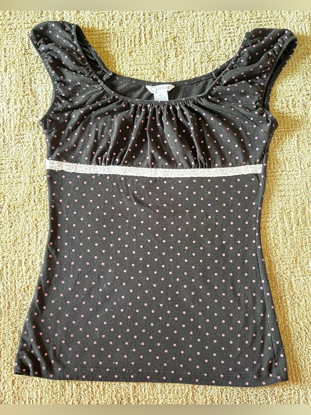 Y2K Black Pink Polka Dot Lace Trim Scoop Neck babydoll Top